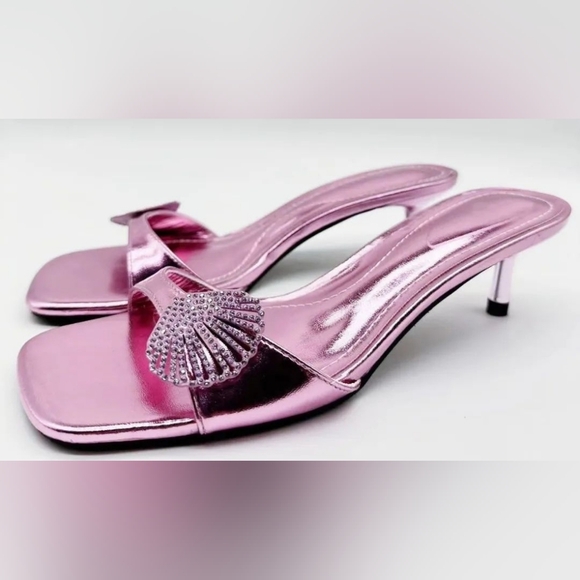 ZARA💖 PINK METALLIC AND RHINESTONE KITTEN HEEL SLIDES size Euro 40, (US 9 -9.5) - Picture 3 of 14